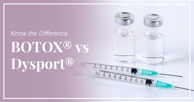 Photo of two vials and two syringes with text "know the difference botox vs dysport"