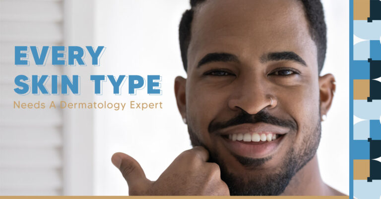 Face of a man of color touching beard with hand with text "every skin type needs a dermatology expert"