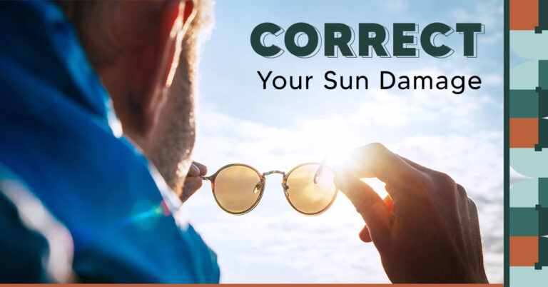 Man holding sunglasses with text "correct your sun damage"