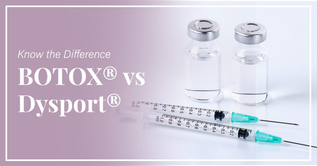Photo of two vials and two syringes with text "know the difference botox vs dysport"